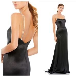 NWT MAC DUGGAL 12428 Black Satin Rhinestone Strap Trumpet Gown Women’s